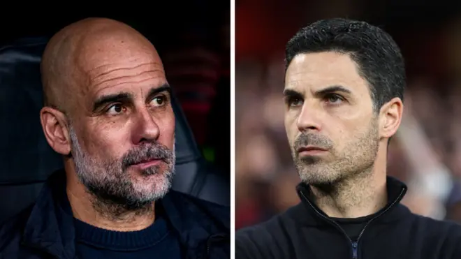 Foto collage of Pep Guardiola, Manchester City Coach and Mikel Arteta, Arsenal Coach. Dem wear black shirts. Pep Guardiola get bald head while Mikel Arteta get hair for im head. Two of dem no smile at all.
