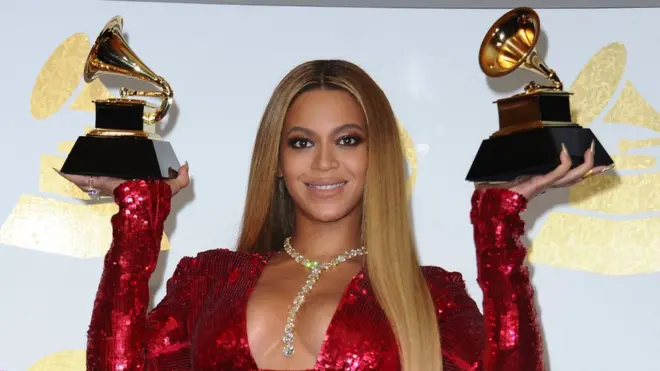 Beyonce holding two Grammy awards