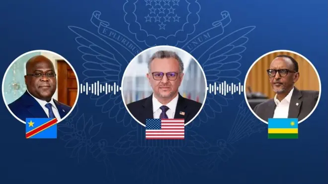 Massad Boulos (hagati) avuga ko yavuganye na ba Perezida Tshisekedi na Paul Kagame kandi ko Amerika yiyemeje kugeza ibihugu byombi ku kumvikana