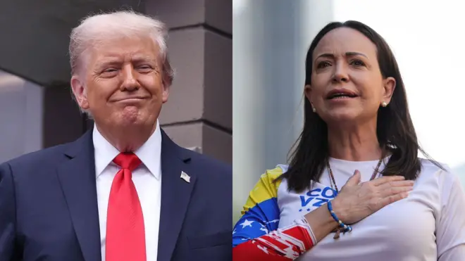 Tổng thống Mỹ Donald Trump (trái) và lãnh đạo đối lập Venezuela María Corina Machado