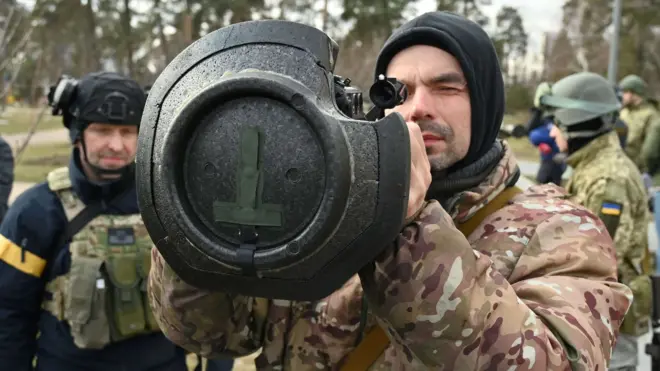 Ukrainian soldier with Nlaw anti-tank weapon