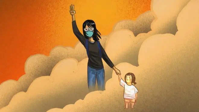 아이의 손을 잡고 있는 여성 이미지