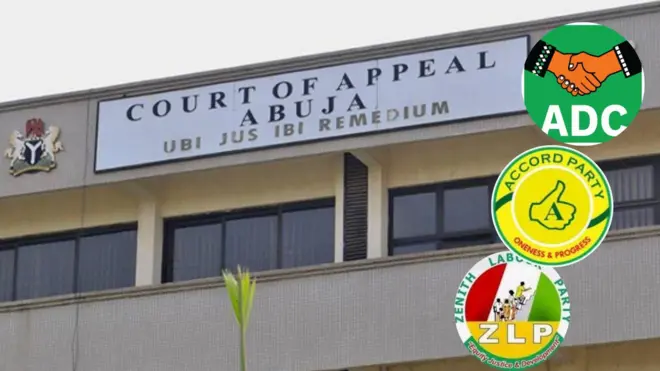 Foto of Abuja Court of Appeal and logos of political parties for Nigeria