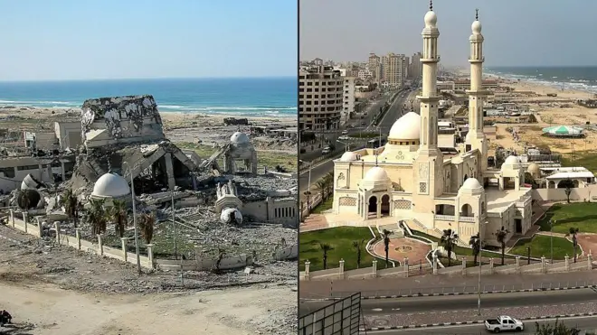 صورتان لمسجد الحساينة والميناء البحري، من أبرز معالم مدينة غزة، الصورة الأولى 26 يناير/ كانون الثاني 2021، تظهر البناء وشارعاً حديثاً معبداً، كما يظهر خلفها الميناء، والصورة الثانية بعد القصف الإسرائيلي في 6 يناير/ كانون الثاني 2024 تظهر دمار الشارع والمسجد بشكل كامل
