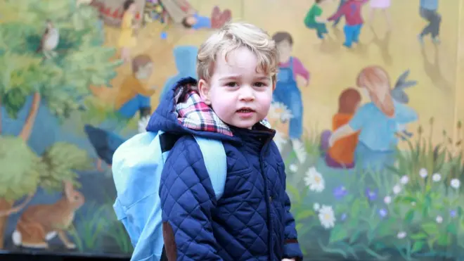 In a picture taken by his mother, Prince George on his first day of nursery school near Sandringham in Norfolk