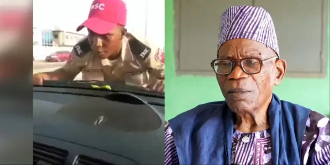 Alagba Salawu pẹlu aworan oṣiṣẹ FRSC kan to n so mọ ọkọ.