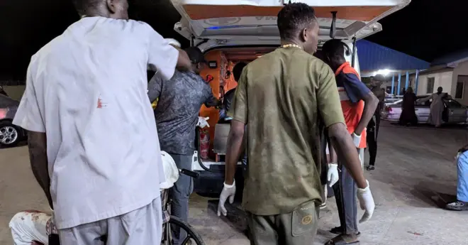 First responders helping victims of multiple bomb blasts for Maiduguri Borno State northeast Nigeria, Monday 16 March 2026