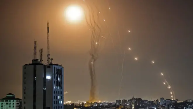 A rocket launched from Gaza city controlled by the Palestinian Hamas movement, is intercepted by Israel's Iron Dome aerial defence system, on May 11, 2021. (Photo by MAHMUD HAMS / AFP) (Photo by MAHMUD HAMS/AFP via Getty Images)