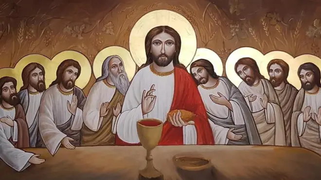 أيقونة قبطية معاصرة من أعمال الفنان المصري عادل نصيف لمشهد العشاء الأخير "الإفخارستيا"
