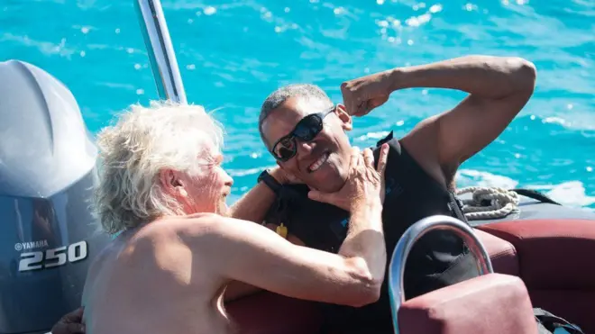 Barack Obama menikmati kebebasan barunya di pulau pribadi Sir Richard Branson.
