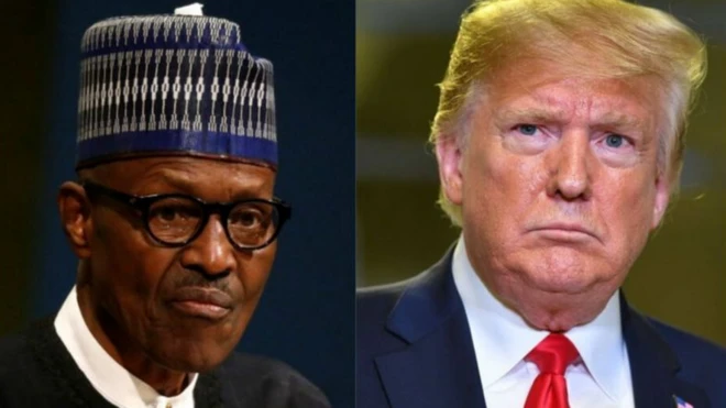 Nigeria presido Muhammadu Buhari for left, US Presido Donald Trump for right