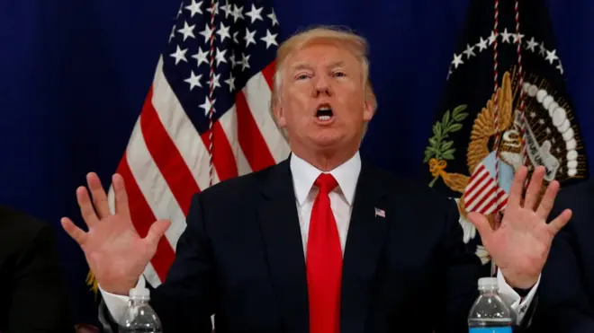 Presiden Amerika Serikat, Donald Trump, berbicara dari klub golf miliknya di Bedminster, Negara Bagian New Jersey.