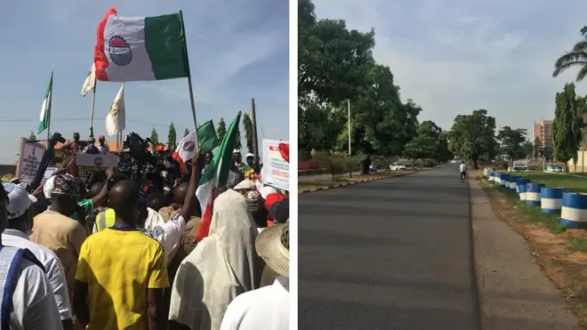 Picture collage of workers dey protest for Kaduna and empty street