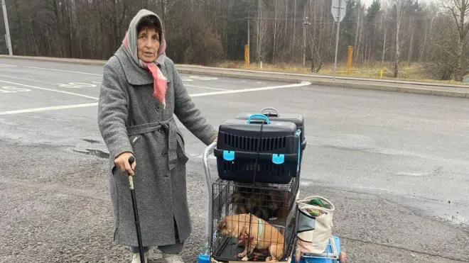 Жінка в сірому пальто з ціпком стоїть біля візка з клітками тварин 