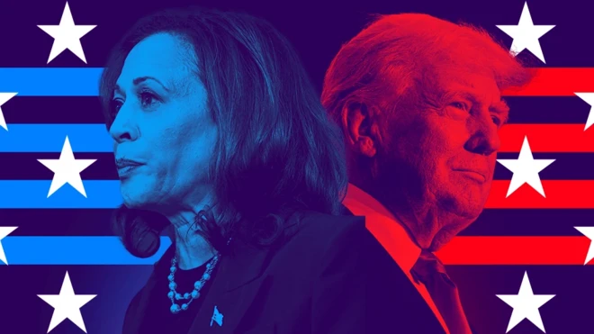 تصویرسازی با چهره‌های کامالا هریس و دونالد ترامپ و پرچم آمریکا
