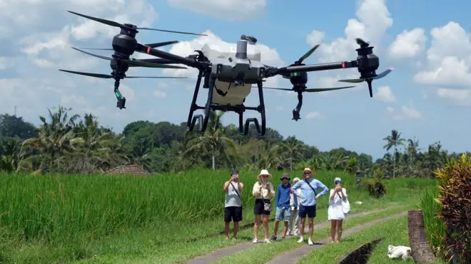 Wisatawan mancanegara mengamati drone yang diterbangkan di area persawahan Desa Jatimulih, Kabupaten Tabanan, Bali.