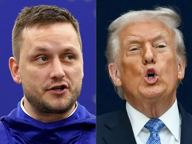 Colagem de fotos de Jens-Frederik Nielsen e Trump