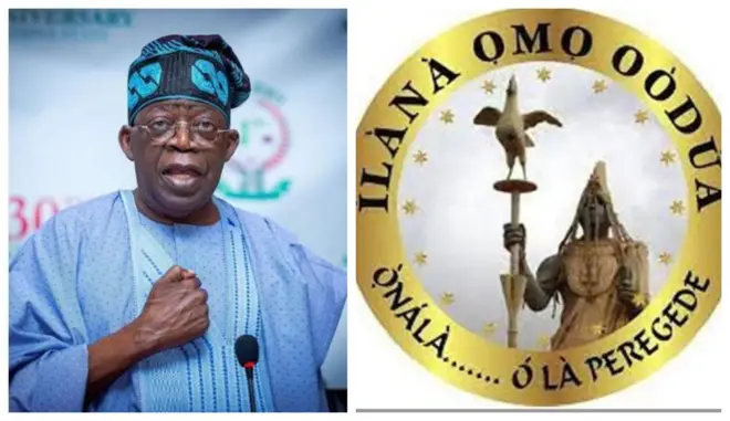 Aworan Oludije ipo aarẹ Bola Tinubu ati ami idanimọ Ilana Ọmọ Oodua