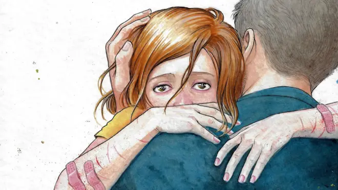 Ilustração mostra um homem de cabelos grisalhos e camisa azul, visto de costas, segurando no colo uma menina de cabelos ruivos, com os braços cortados e alguns band-aids nos antebraços, com olhos chorosos