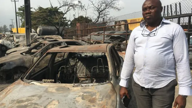 Chinedu Nwogbo loss 21 cars wey worth over 100 million for di fire.