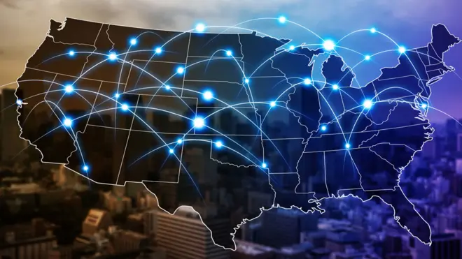 رسم لشبكة على خريطة الولايات المتحدة