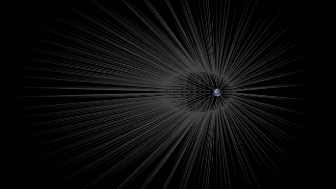 ภาพจากฝีมือศิลปินแสดงให้เห็นแนวคิดที่เชื่อว่ามีเส้นใยของสสารมืดที่เรียกว่า "เส้นผม" (Hairs) ล้อมรอบโลกอยู่