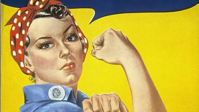 Part of the original Rosie the Riveter poster. "We can do it!" reads the caption above.