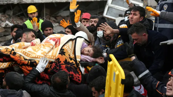 Rescuers carry out a girl from a collapsed building following an earthquake in Diyarbakir, Turkey, on 6 February 2023