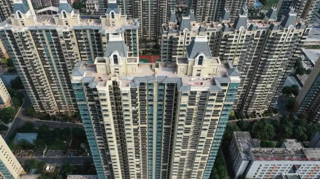 An aerial photo taken on September 17, 2021 shows a housing complex by Chinese property developer Evergrande in Huaian