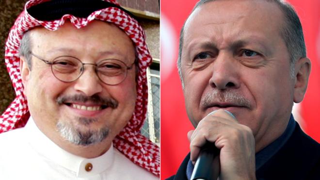 Split photos of Jamal Khashoggi and Recep Tayyip Erdogan