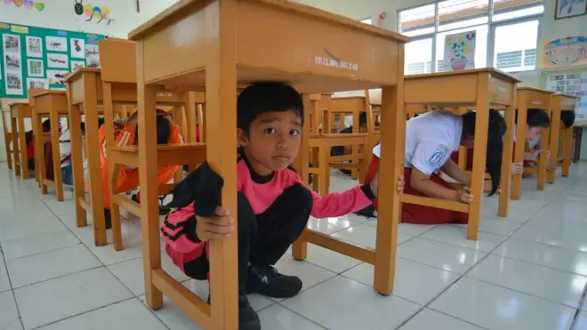 Ilustrasi. Sejumlah siswa sedang melakukan simulasi gempa