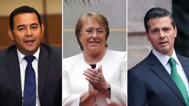 Jimmy Morales (Guatemala), Michelle Bachelet (Chile) y Enrique Peña Nieto (México) están entre los presidentes mejor pagados de América Latina.