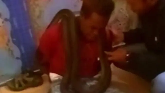 د اندونیزیا پاپوا سیمه کې پولیسو د ګرځند تیلیفون په غلا د یوه تورن کس د اعتراف اخیستو لپاره د هغه پر غاړه غټ مار اچولی.