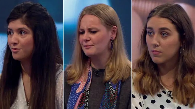 (왼쪽부터) 로나 홀, 리브 모레, 지나 마틴이 BBC 방송에 출연해 치마 들추기 피해 사실에 대한 경험을 털어놓았다