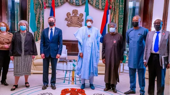 US Secretary of State visit to Nigeria: Anthony Bliken meeting wit Buhari inside fotos