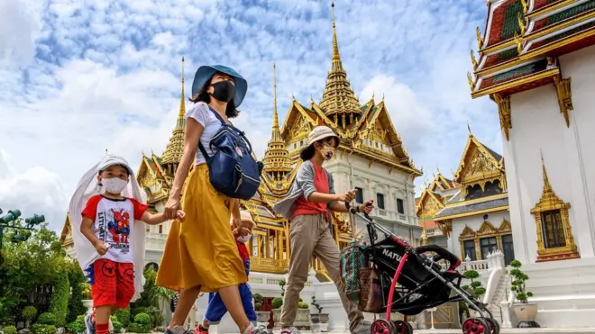 People visit the Grand Palace in Bangkok on June 7, 2020