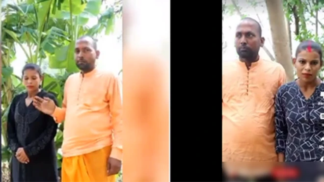 Screenshot of two staged clips show man dressed in saffron and woman next to each other