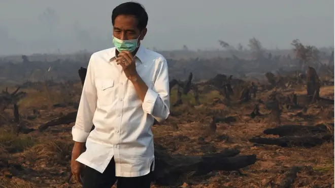 Presiden Joko Widodo berjalan menyusuri lahan yang dilalap api di Banjar Baru, Kalimantan Selatan, September 2015 lalu. Sebagai salah satu penyumbang emisi karbon terbesar di dunia, Indonesia berkomitmen mengurangi emisi sebesar 29% pada 2030.
