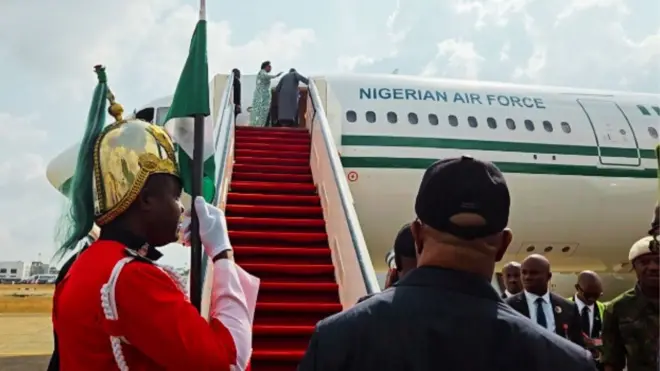President Bola Tinubu and im wife Remi Tinubu departing Nigeria to di UK on a two-day State Visit 