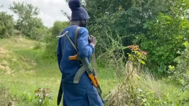 Dans l'État de Zamfara, un bandit vêtu de bleu foncé et portant un fusil sur l'épaule s'éloigne de la caméra dans une zone boisée.
