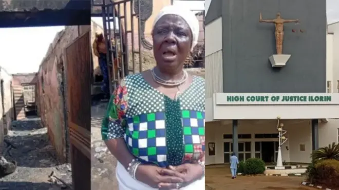 Toyin Asabi Olorisa wọ aṣọ ankara, o si we sikaafu funfun niwaju ile rẹ ti wọn dana sun