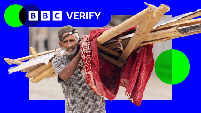 Une image conçue avec le logo BBC Verify en bleu, représentant un Gazaoui à la barbe grise, vêtu d'un t-shirt à carreaux et d'une casquette de baseball à l'envers. Il porte un long fagot de bois, apparemment récupéré d'un bâtiment endommagé, partiellement enveloppé dans un tissu rouge. Derrière lui, dans l'arrière-plan flou, on distingue une route poussiéreuse et des bâtiments en ruine.