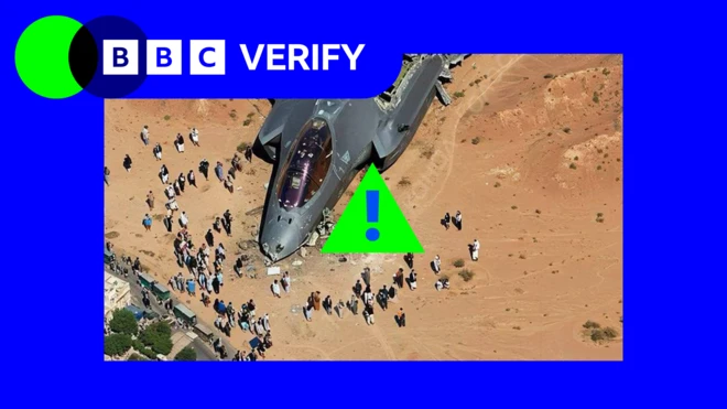 Promo page wey show fake picture of F-35 fighter jet wey some pipo tink say bin dey shot down for Iran wit BBC Verify logo on top