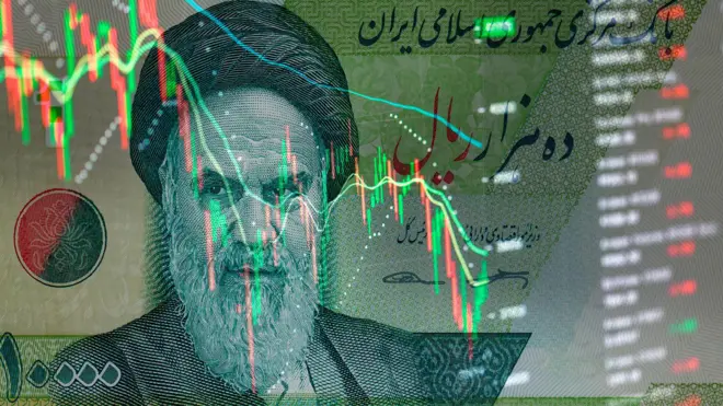یک اسکناس جمهوری اسلامی که عکس روح‌الله خمینی روی آن است، روی اسکناس خطوط آماری دیده می‌شود