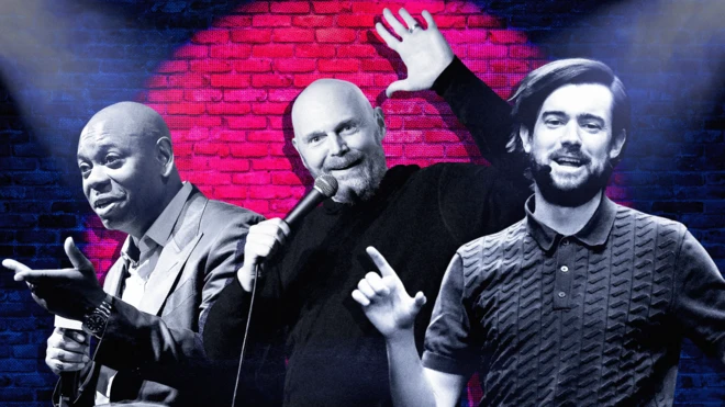 Illustration showing stand-up comedy performers, Dave Chapelle, Bill Burr and Jack Whitehall