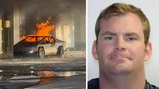 トランプ・ホテルの前で爆発したテスラ社のサイバートラック（左）と、車内で死亡していたリヴルスバーガー容疑者（ラスヴェガス警察提供）