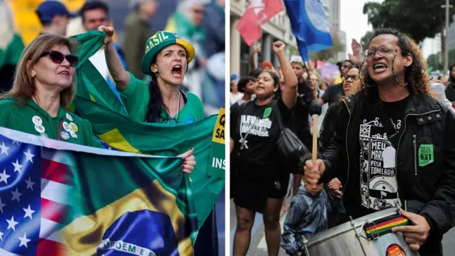 A composite photo shows supporters of Jair Bolsonaro waving Brazilian flags and dressed in Brazil football shirts on the left, and on the right opponents of Bolsonaro are seen. One woman has her fist in the air, while a man plays a drum. 