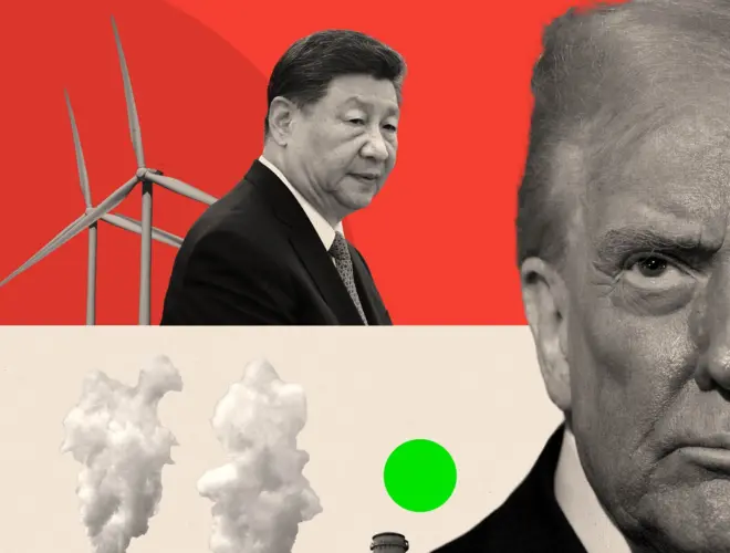시진핑 및 트럼프와 풍력발전 및 화석발전의 이미지