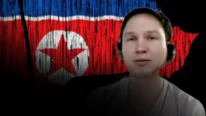 북한 인공기를 배경으로 노트북에 타이핑하는 사람의 실루엣. 앞에는 인공지능 기술로 얼굴을 변조한 남성의 모습이 있다.