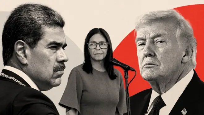 Un montaje de imágenes de Donald Trump, Delcy Rodríguez and Nicolás Maduro